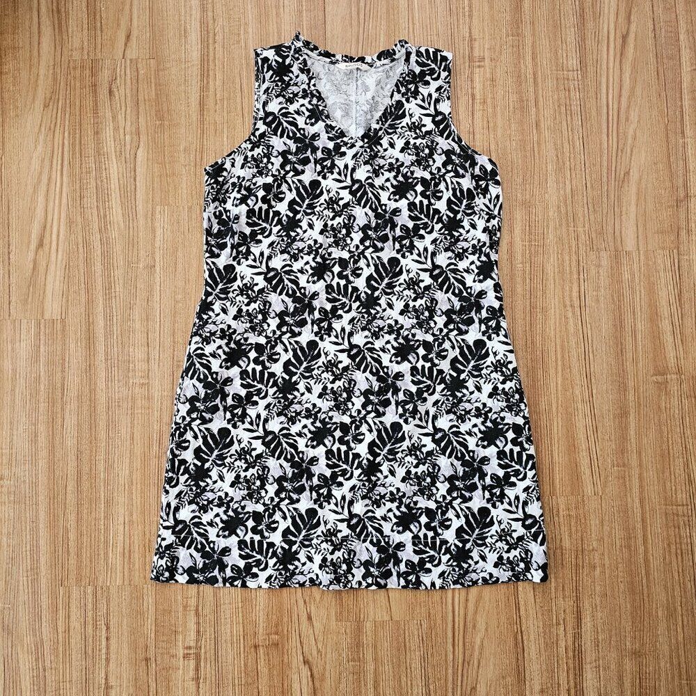 Briggs XL Floral Linen Blend Black White Shift Midi Length Dress